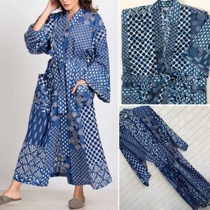 Uncommon Goods $80 Patchwork Print Indigo Cotton Womens Robe OS EUC
